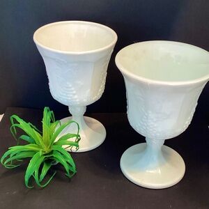 MILK GLASS GOBLETS…Fenton, footed, grape pattern, slight difference